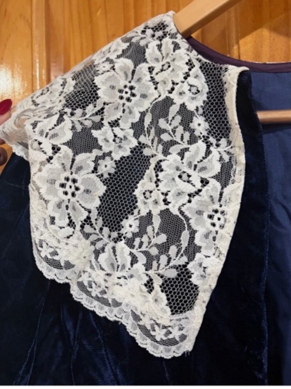 Vintage Gunne Sax Velvet Lace Collar Blouse Navy Victorian Cottagecore 3/4 - Picture 7 of 8